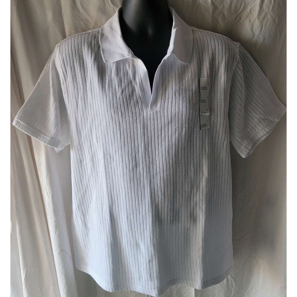 George Mens Short Sleeve Textured Polo Shirt White Ribbed V-Neck Size L NWT